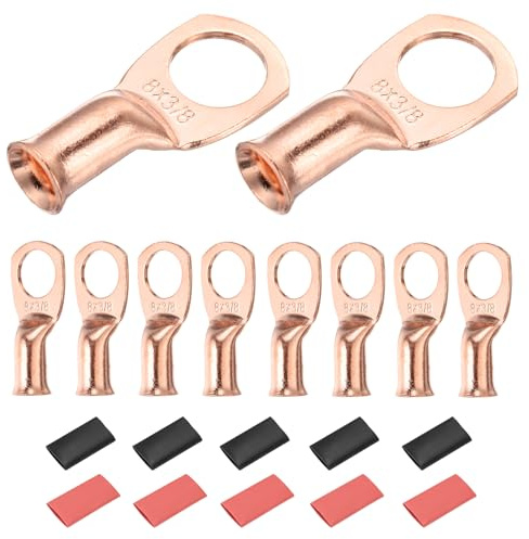DMiotech 20 Pcs 8 AWG - 3/8 Copper Cable Lugs, Battery Cable Ends, Heavy Duty Copper Wire Lugs with 20pcs Heat Shrink Tubing for Electrical Projects, Copper