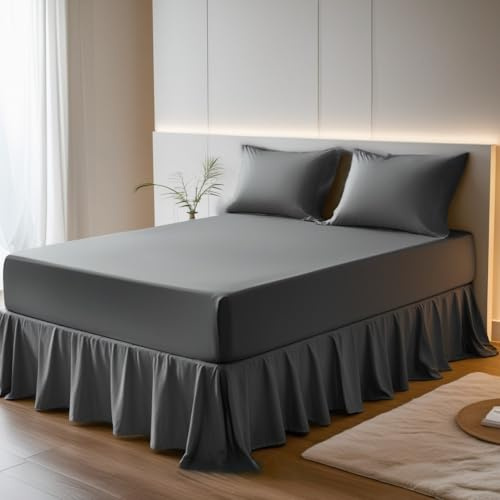100% Egyptian Cotton Fitted Valance Sheet – 16/40cm Extra Deep Pocket, Easy Care & Machine Washable, Luxury Frilled Bed Sheet – Single, Double, King Sizes (Charcoal, Double)