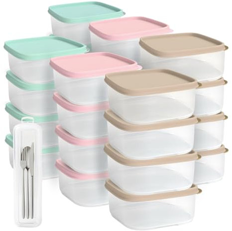 ELENANO Juegos Taper Plastico de 24 ud sin BPA de 350 ml con Portacubiertos Envases de Plastico con Tapa de 11x11x5 cm - Envases para Alimentos - Fabricado en España (24 ud 350 ml)
