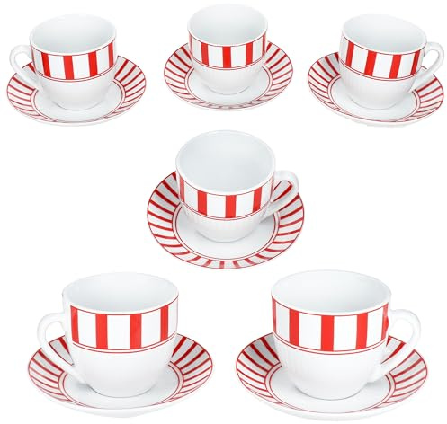 MamboCat Split Lot de 6 tasses à café rouges avec soucoupes pour 6 personnes - En porcelaine blanche avec rayures - Pour le petit-déjeuner et le café - 6 tasses à thé de 200 ml et 6 soucoupes