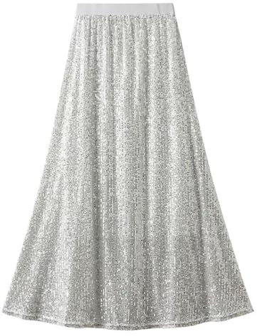 shownicer Tüllrock Damen Lang Paillettenrock Mesh Rock Elegant Tüll Plisseerock A Linie Swing Röcke Hohe Taille Faltenrock B Silber M
