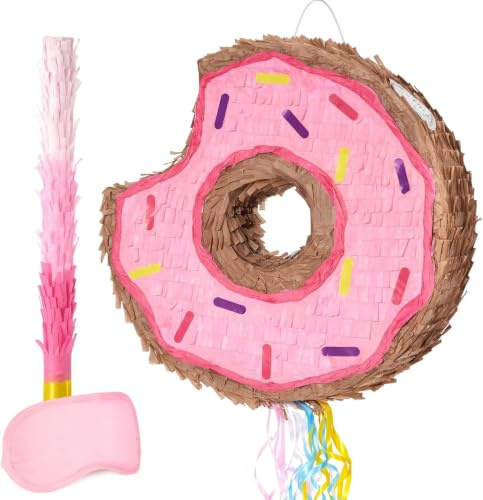 WERNNSAI Donut Pinata – Geburtstag Deko Piñata Mädchen Kinder Rosa Donut Piñata mit Stock Augenbinde Zugschnur Geburtstagsparty Pinata Dekoration Lustig Sommer Partyspiele Dessert Deko Zubehör | Donut Piñata mit Stock Augenbinde Zugschnur, Süssigkeiten Party Deko, Hängende Süsse Piñata, Partyzubehör
