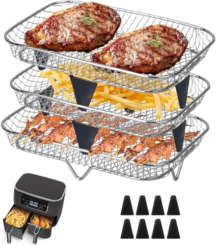 KAHEIGN 3-Layer Heißluftfritteusen Zubehör Kompatibel für Ninja Dual Basket, Stapelbar Gitter-Körbe 304 Edelstahl Air Fryer Racks für Ninja AF300EU / Double Stake XL SL400EU Fritteuse mit 2 Schubladen