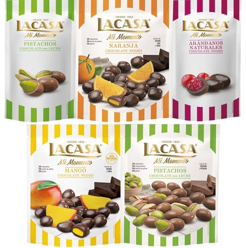 Lacasa Mi Momento pack de 5:Arándano Choco Negro,Pistacho Choco Leche,Naranja Choco Negro,Pistacho Choco Leche,Mango Choco Negro