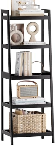 SMIBUY Bamboo Ladder Bookcase, Bathroom Storage Rack Organizer, 4 Tier and 5 Tier Freestanding Plant Display Stand Space Saver Shelves for Bedroom, Balcony (Black, 5 Tiers (127cm H))