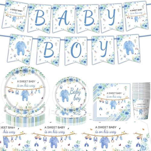 63PCS Boy Baptism Party Tableware Plates Romance Blue Flower Banner Tableware Set Birthday Party Decorations Theme Dinner Disposable Paper Plates Napkins Cups Tablecloth Party Baby Baptism Decor