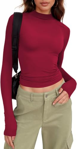 Zeagoo Maglie Termiche Donna Manica Lunga Maglietta Basic Tinta Unita Top Rosso Scuro M