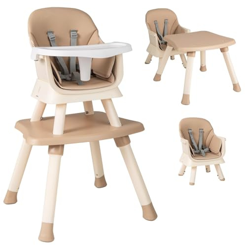 FANTASK Hochstuhl Klappbar, 6-in-1 Babyhochstuhl mit Sicherheitsgurt und abnehmbares Tablett, Verstellbar Babystuhl, Kaffee