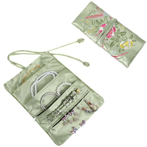 Rouleau à bijoux de voyage avec broderie de fleurs et d'oiseaux, design de jardin, rouleau à bijoux pour voyage, organisateur de bijoux, pliable, sac en soie pour bagues, colliers, boucles d'oreilles