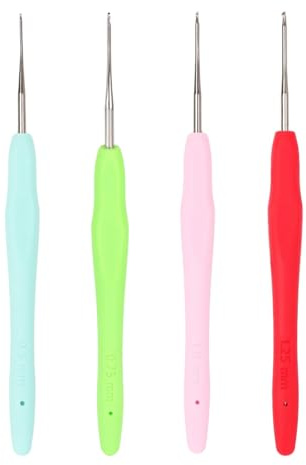 KinetiCore 4Pcs Small Crochet Hooks Set, 0.5/0.75/1.0/1.25mm Ergonomic Metal Hooks with Soft Rubber Handle, Smooth Aluminium Fine Needles for Lace, Amigurumi & Arthritis Hands