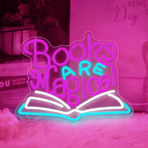 Books Are Magical Neon Schild, LED Buch Leuchtreklame für Wand Deko, Dimmbare Cat Neonlichter USB Power für Klassenzimmer Bibliothek Leseecke Büros Buchhandlungen Studierzimmer