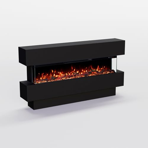 GF Core Elektrokamin Clear 42 mit realistischem 3D LED-Feuer - Stand-Elektrokamin mit Heizung und Kaminfeuer, App Steuerung, Knistereffekt & Timer, max. 1800 W, 129x69x21cm, Schwarz