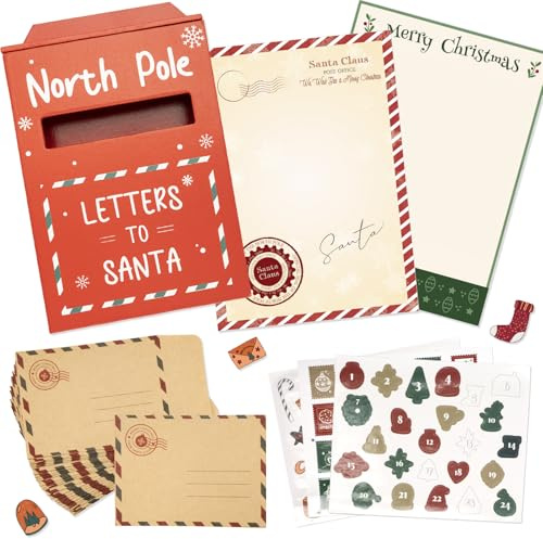 YYSWSAKY Kit de courrier de Noël avec boîte aux lettres lutin 50 papiers à lettre, 25 enveloppes et 3 autocollants avec chiffres 1 à 24, tampons et motifs, lettres de lutin de Noël, calendrier de