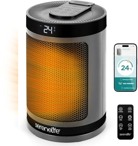 SereneLife Smart Space Heater – 1500W Indoor Electric Heater with Thermostat, Remote Control, 12-Hour Timer, Wi-Fi Enabled PTC Ceramic Heating for Home and Office, Gray (5.9 x 5.9 x 9.5)