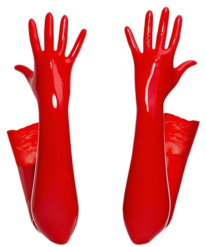 FEOYA Guanti da donna lucidi guanti lucidi lunghi look bagnati in pelle guanti in pizzo elastici per discoteca Carnevale, Colore: rosso, Large-X-Large