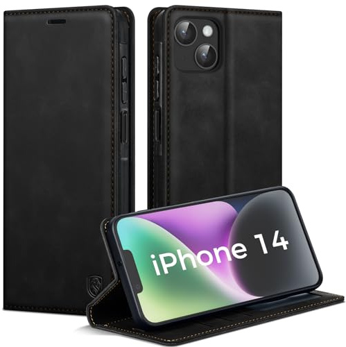 AIMOYU Handyhülle für iPhone 14 Hülle, Premium PU Leder Klapphülle Schutzhülle, Tasche Magnet Kartenfach Standfunktion Flip Case Hülle für iPhone 14, Schwarz