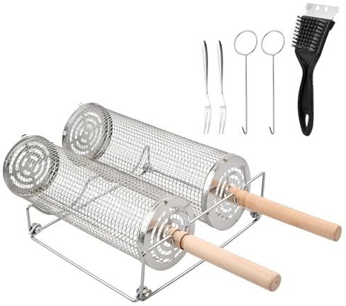 2 Pcs Parrilla Barbacoa Acero Inoxidable 30cm 29cm, Upgrade Opening, Utensilios Accesorios Barbacoa, Giratoria BBQ Redonda, con 2 Mangos Madera Extraíbles, 2 Ganchos, 2 Tenedores, Cepillo, Soportes