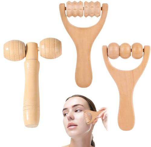 3-Teilig Massageroller Holz,mit Griff Faszienrolle mit Griff Massage Set Holz für Nacken-, Schulter-, Bein-, Fuß- und Rückenmassagen