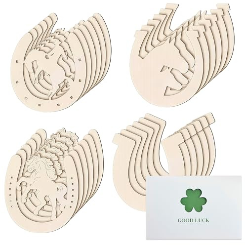 Glamifyr 24 Holz-Hufeisen zum Bemalen – Hufeisen Glücksbringer aus Holz, 4 Designs, Bastelset für Kinder & Familie, inkl. Kleeblatt-Grußkarte