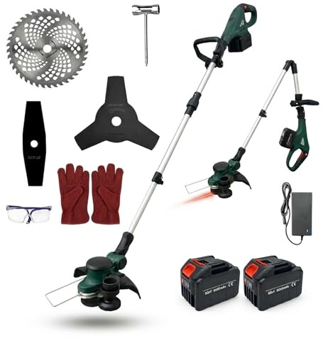 Maryse Decespugliatore a Batteria 21V, Tagliabordi Elettrico con 2 Batterie al Litio, 3 Tipi di Lame, Lunghezza Regolabile, Ideale per Giardino e Prato, Verde/Nero