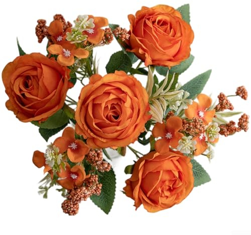 PureBowlic rosbukett i konstgjord tyg, 4 stjälkar, realistiska falska blommor för bröllop, heminredning, elegant sidenblomsterarrangemang, fotograferingsrekvisita, långvarig, inget vatten behövs