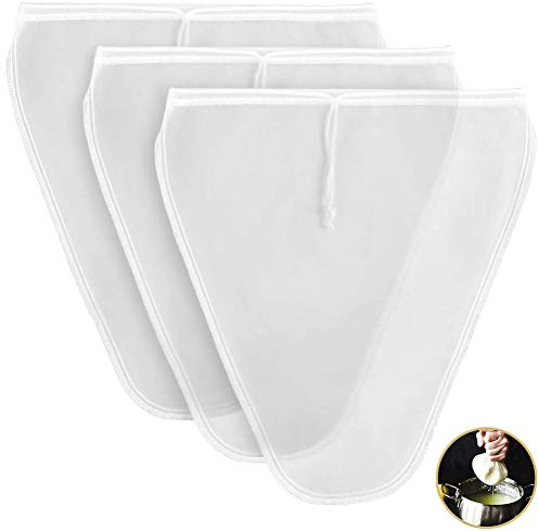 Acouto Nötmjölkspåse, 3-pack Naturnylon Finmaskigt Filterpåsar med Trattdesign och Rund Botten, Snabbtorkande återanvändbar Sil för Mandelmjölk Sojamjölksost Kaffete (Blandad färg)