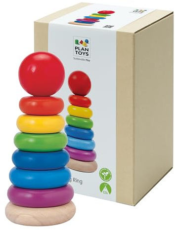 PLAN TOYS 51240 Stacking Ring | Holz-Stapelring, Montessori-Feinmotorik-Lernen, Farberkennung, Problemlösung, Größenbestellung, Kinderspielzeug
