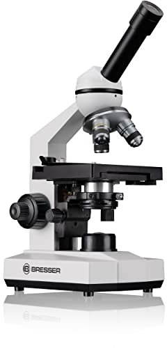 Bresser biologisches Durchlicht-Mikroskop, Erudit Basic Mono 40x-400x, Grob- und Feinfokussierung, sowie Kreuztisch (koaxial), LED (Batterie oder Akku), Abbe-Kondensor, Smartphonehalter und Koffer