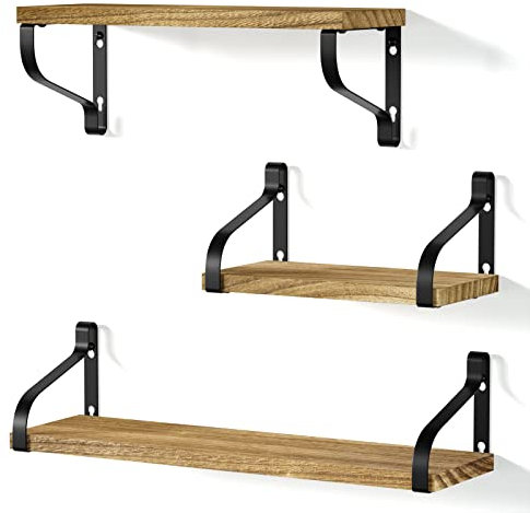 Love-KANKEI Rustic Shelves, Decorative Wall Shelf Set of 3, Floating Shelves for Bathroom, Bedroom, Living Room,Kitchen, Office and More, Carbonized Black