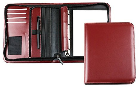 DELMON VARONE - Personalisierbare Ringbuch Schreibmappe DIN A5 aus Cambridge Top Grain Leder rot, Businessmappe mit Notizblock, Stiftschlaufe, Einsteckfächer, 4-Ring Combimechanik & Reißverschluss