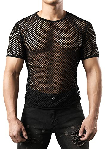 JOGAL maglietta da uomo trasparente a maniche corte con scollo a V, nero, M