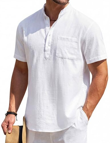 COOFANDY Men's Cotton Linen Henley Shirt Short Sleeve Hippie Casual Beach T-Shirts with Pocket