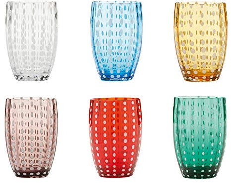 Zafferano PR00199 Perle-Vaso Tumbler Hecho a Mano de Vidrio Transparente, cl 32 h 109mm d 71mm, Juego de 6 Piezas-Colores Variados