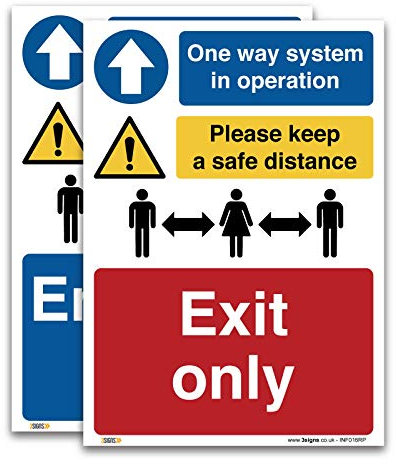 3 Signs Hinweisschild mit englischer Aufschrift Entrance and Exit Only, englischer Text, Social Distancing, A5, 210 x 148 mm, 1 mm starrer Kunststoff, obligatorischer Virenschutz, Sicherheit
