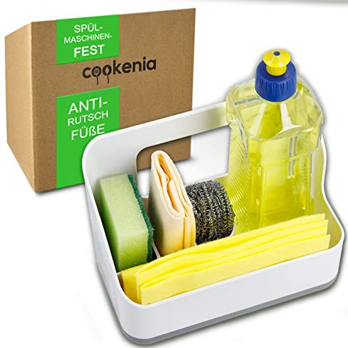 cookenia Spülbecken-Organizer weiß - 15x19x10,5cm - mit verstellbaren Fächern & Anti-Rutschfüßen - Spülmaschinen geeignet - Perfekter Ordnungshelfer für Spülbecken - Ordnung am Spülbecken
