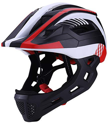 QYTK Fahrradhelm Kinder mit Abnehmbarem Kinnschutz Jungen/Mädchen Fahrrad Integralhelm Downhill Helm Skateboard Rollerblading Inlineskaten Kinderfahrradhelm Licht Helm (52-56CM) (Weiß Rot Schwarz)