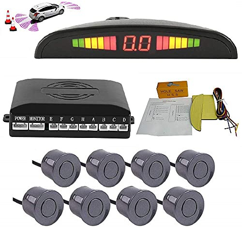 TOTMOX Car Reverse Parking Radar System 8 Reversing Sensors Kit with Front and Rear Alarm Buzzer Reminder LED Display Safe Driving, Car Parking Sensor, White