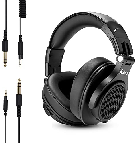 Juarez JRDJ400 Wired Over Ear DJ Headphones with Mic – 40mm Neodymium Drivers, 3.5mm/6.35mm Dual Jack, Foldable Design, Coiled & Straight Cable, Shareport, Noise Isolation, Black