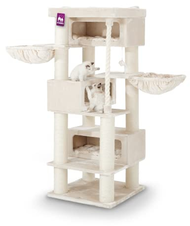 Petrebels Kratzbaum Maine Coon XXL Dicke Stämme, Turnpike 200 cm, Creme | extrem stabil, 2 Meter hoch, für große Katzen, Ø 15 cm Sisalstamm, mit XL Hängematten, Schlafhöhlen & extra dicke Bodenplatte