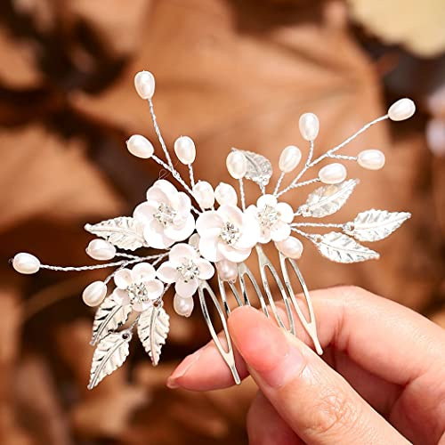 Edary Braut-Hochzeits-Haarkamm, silberfarbene Blume, Kopfschmuck, Perlen, Hochzeits-Haarspange, Brautschmuck, Strass, Haarschmuck für Damen und Mädchen