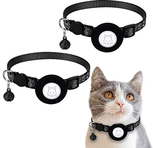 MSLing 2PCS Airtag Katzenhalsband, Air Tag Katzenhalsband mit Sicherheitsschnalle und Glocke, Reflektierendes Katzenhalsband in 1cm Breite mit Airtag Halterung für Katzen Welpen Kätzchen