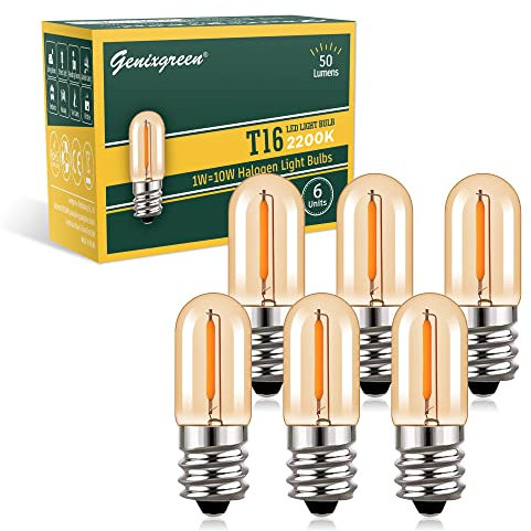 E14 LED Glühbirne Vintage Genixgreen T16 1W LED Filament Lampen ersetzt 10W, 2200K Warmweiss Edison Röhrenbirnen Glühlampen 50 Lumen Nicht Dimmbar, 6 Stücke