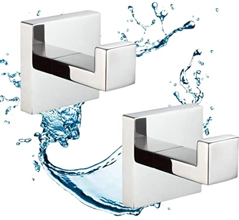 SHUNLI Chrom Handtuchhaken 2 Stück, Wandhaken Kleiderhaken, Modern Quadrat Garderobenhaken Schwerlast Bademantelhaken für Bad&Küche, Wandhalterung/Edelstahl SUS304 Rostfrei