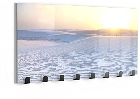 DEQORI Wandgarderobe Glas & Metall | Motiv Weiße Sanddünen am Abend | 60x30 cm | Design Haken-Leiste modern | Garderoben-Paneel für Flur, Wohnzimmer & Schlafzimmer | magnetisch & beschreibbar