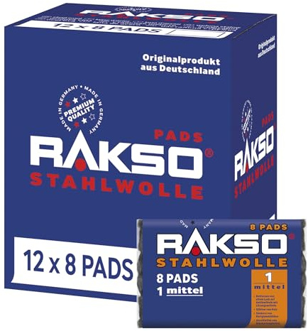 RAKSO Stahlwolle mittel 1-96 Pads - 12x8 Stk. - glättet Holz, entfernt alten Lack von Antikmöbeln, säubert Hartgummiböden