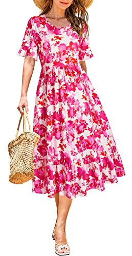 STYLEWORD Women Summer Dress Floral Short Sleeve Ladies Casual Swing Midi Dress with Pockets | Floral Dress,Swing Dress with Pockets,Short Sleeve Dresses for Women UK