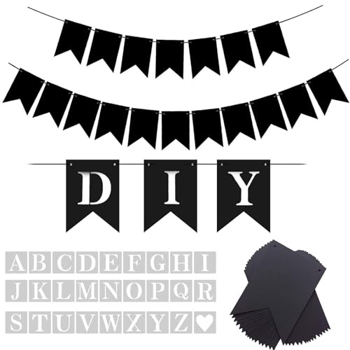 YUNSHANGMO DIY Black Custom Banner Kit, Funny Customize Your Party Banner Signs, Custom Text/Phrase Banner, Paper Pennant Banner Set Include 26 Letters Stencil