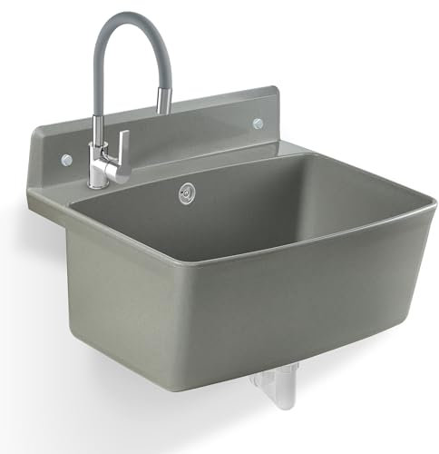 gospo Gartenwaschbecken, 55x42x22.5cm Haushaltsbecken aus hochqualitativem Polystyrol, Ausgussbecken mit Easy-Clean Technologie, Waschbecken für Garten (Grau, Elastischer batterie)