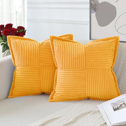 Artscope 2er Set Kordsamt Kissenbezüge Samtkissen Weich Dekokissen Dekorativ Kissenbezug Modern Kissenhülle Umwickelte Kante Sofakissen für Wohnzimmer Schlafzimmer Goldgelb, 50x50cm