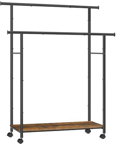 SONGMICS Double-Rod Clothes Rack with Wheels, 38.8 Inches Garment Rack with Shelf for Hanging Clothes, Loads up to 220 lb, for Bedroom, Closet, Rustic Brown and Ink Black UHSR152B01